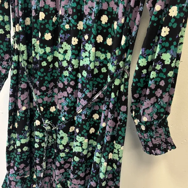 LOFT Floral Smocked Long Sleeve Flowy Mini Dress with Tie Black Green Purple Med - Image 4