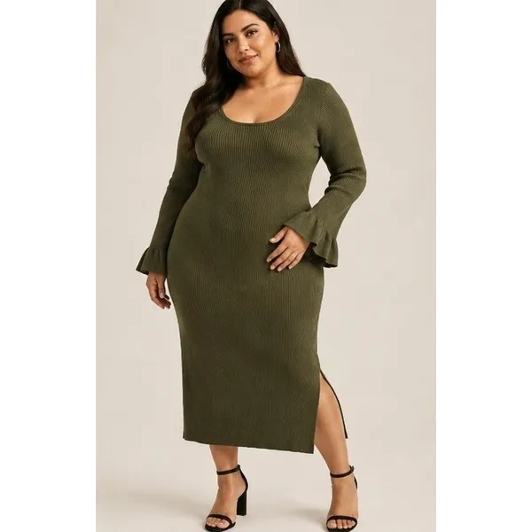 Scoop Womens Sweater Dress Sz XL Grape Leaf Ribbed Midi Bell Sleeve Square Neck - Image 9