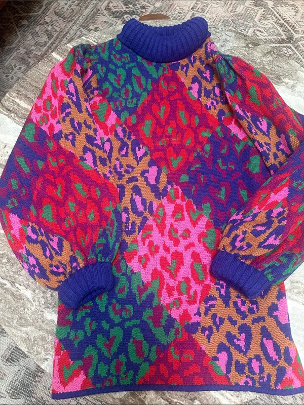 The Farm Rio Mixed Leopard Pop Sweater Oversized Dress Wool Blend Sz S - Image 5