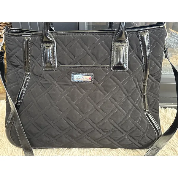 Vera‎ Bradley Trapeze Quilted Black Tote Bag Large Shoulder Bag Patent Trim - Image 2