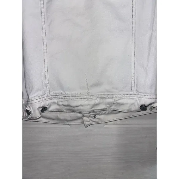 Free People White Distressed Denim Jacket Knit Sleeves Indie Sleaze Crop M - Image 5