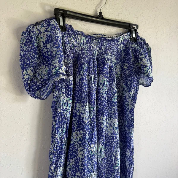 Free People Off the Shoulder Blue White Ditzy Floral Tiered Flowy Dress Womens L - Image 2