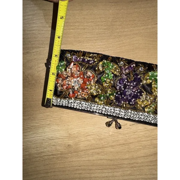 Small Satin Clutch Stitched And Beaded NWOT Floral Double Strap Handle T - Image 4