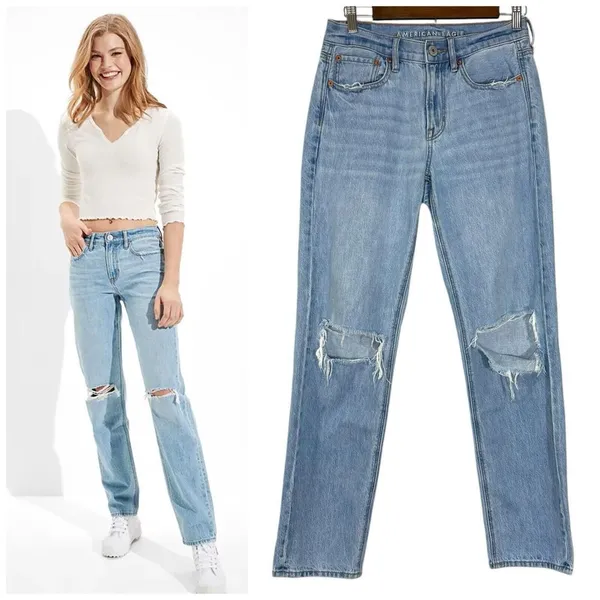 American Eagle 90s Straight Jeans | Size‎ 4 | Ripped Distressed Baggy Denim - Image 2