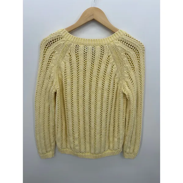 Eddie Bauer Womens S Butter Yellow Open Knit V Neck Sweater Coastal Pointelle - Image 3