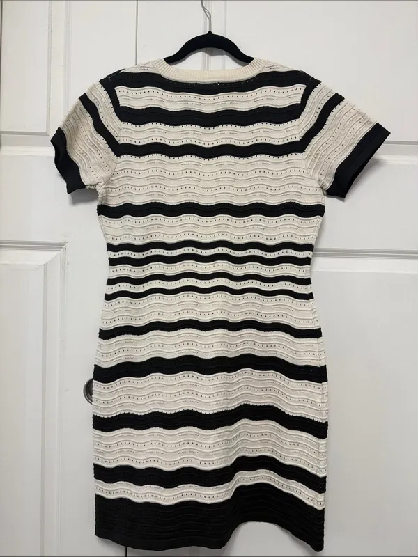 Striped V‑Neck Knit Mini Dress in Cream and Black - Image 10