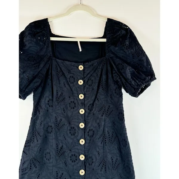 Free People Womens Dress Black Daniella Eyelet Mini Puffed Babydoll Boho Size 8 - Image 7