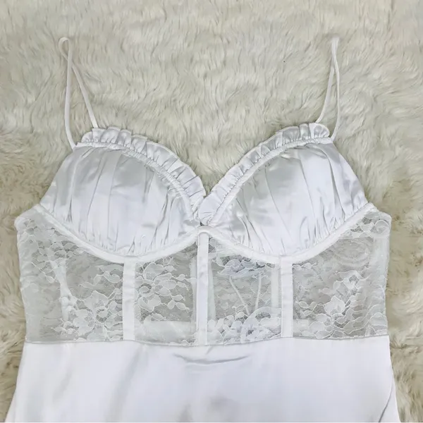 SELFIE LESLIE Trophy White Lace Bustier Midi Dress Corset Sheer Thigh Slit Large - Image 4