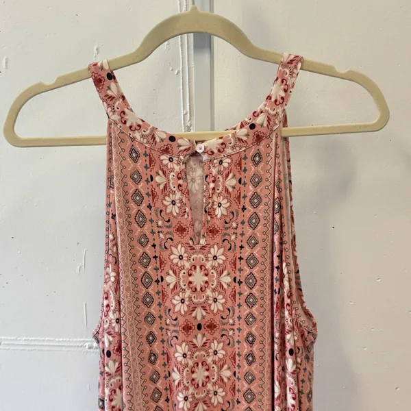 LOFT Outlet Pink Floral Medallion Halter Swing Dress XL Ruffle Hem Keyhole Back - Image 5