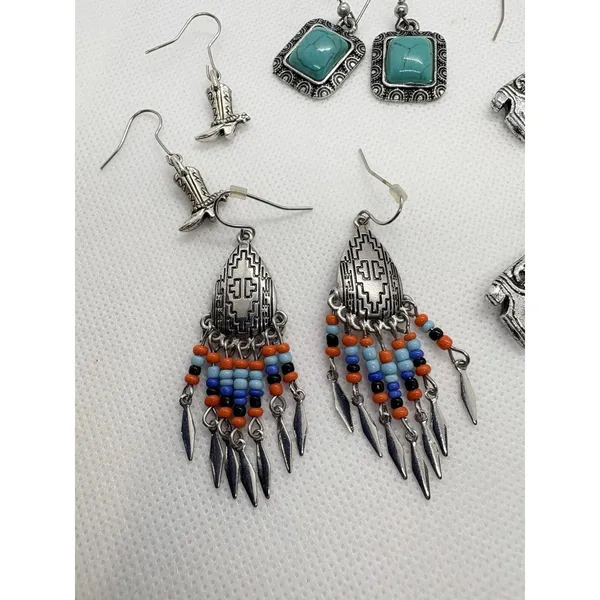 Southwest Western Earrings Lot‎ of 4 Silver Tone Turquoise Cowboy Fringe Dangle - Image 5