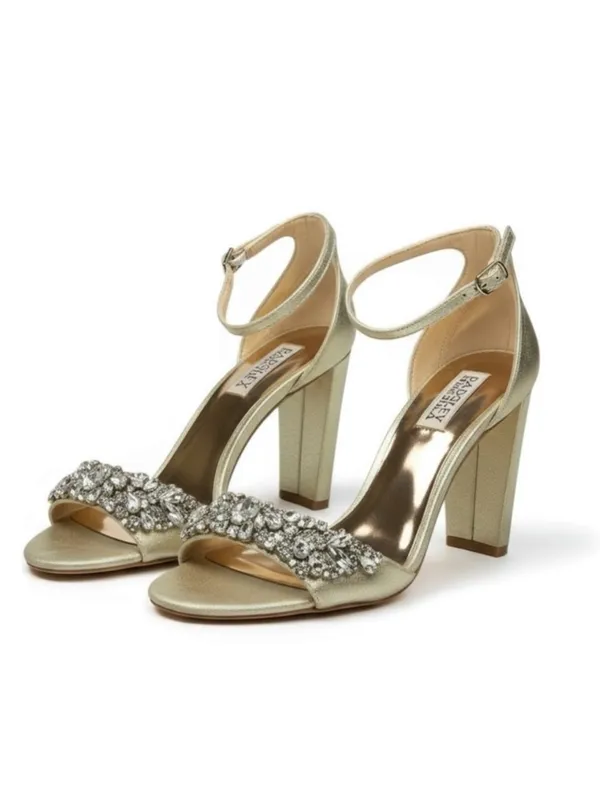 Badgley Mischka ❧ Barby Crystallized Heeled Sandals ❧ Gold Shimmery Leather ❧ 8M - Image 7