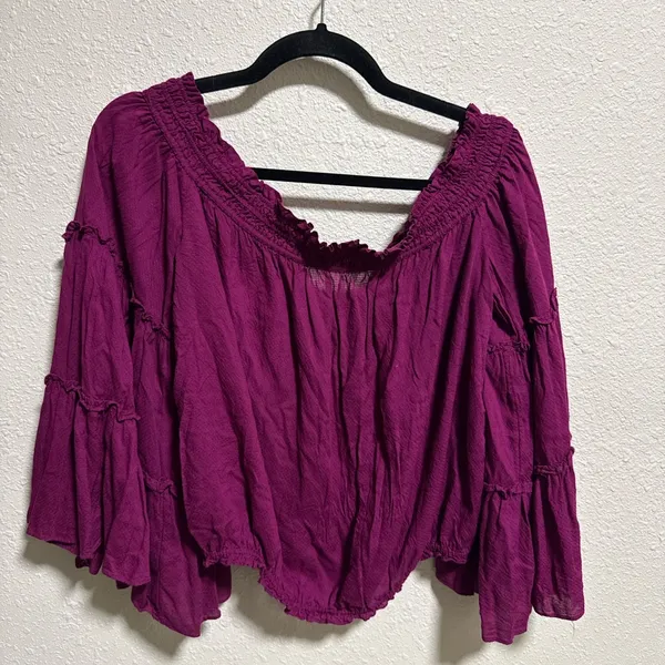 Free People Magenta Off The Shoulder Tiered Bell Sleeve‎ Boho Peasant Top Small - Image 3