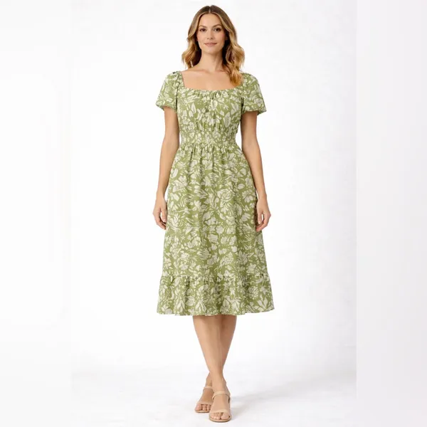 AZ women’s Size S Green Floral Dress Elastic Waist Puff Sleeves NWT/M(E28)✨ - Image 2
