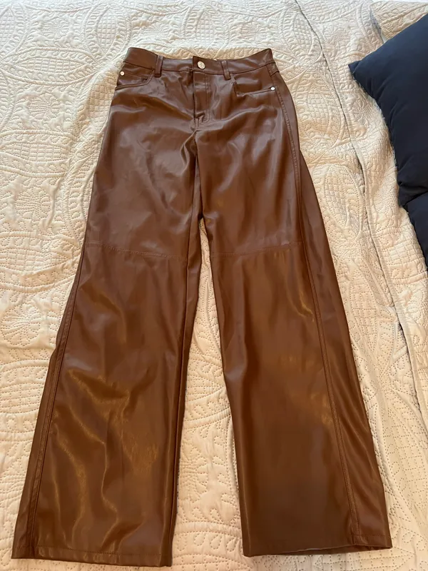 Bershka Brown Straight Leg Leather Pants - Image 3