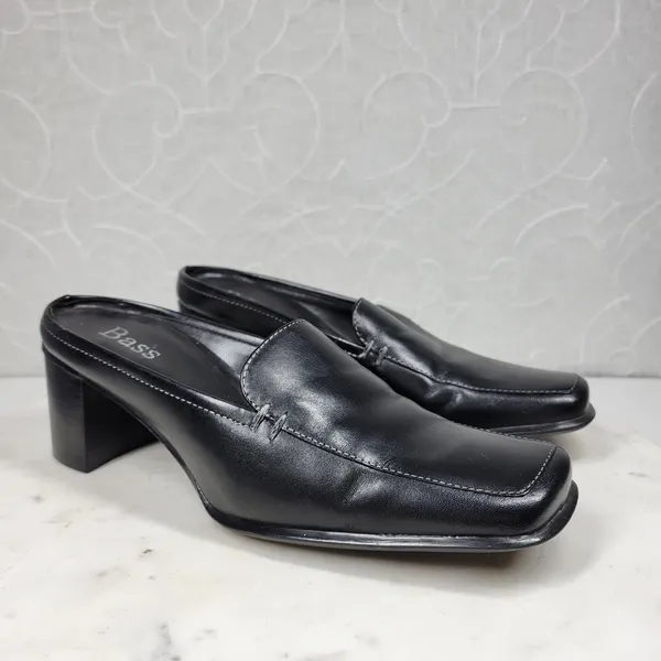 VTG Bass Artist Mules Womens 6 Black Leather Slip On Square Toe Block Heel 2003 - Image 2
