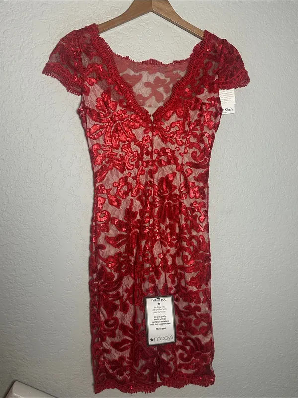 NEW Calvin Klein Red Embroidered Lace Sequin Cocktail Dress Evening Holiday Fall - Image 5