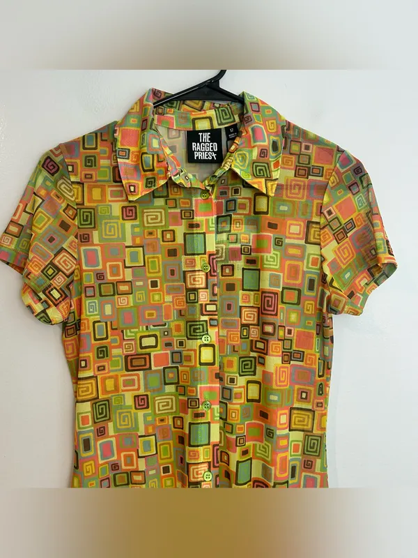 NWT Raggesd Priest Colorful Retro Square Button Down Mesh Shirt Mini Dress 12 - Image 3