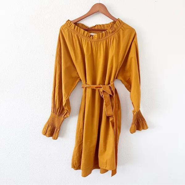 DOEN Miro Golden Hour Mustard Smocked Neck Waist Tie Boho Cottagecore Mini Dress - Image 3