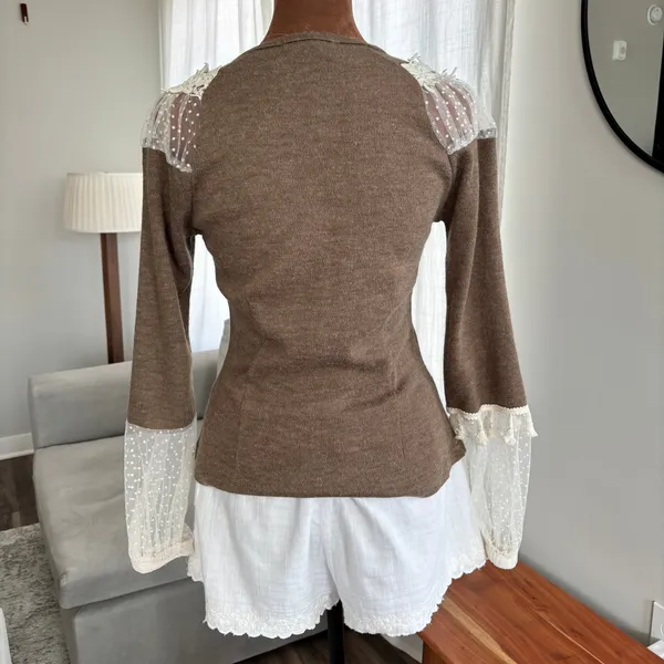 Vintage Y2K Delicate Lace Knit Sweater Sheer Neckline Sleeves Cottage Size Small - Image 2