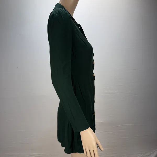 Reformation‎ Hugh Mini Shirt Dress Size 2 Forest Green Gold Buttons Long Sleeve - Image 5