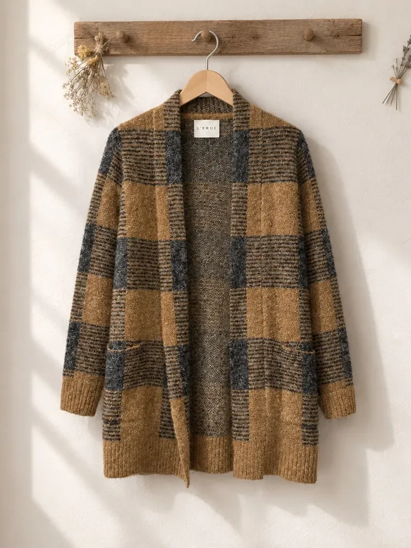 Cyrus Mustard and Charcoal Plaid Open-Front Cardigan - Image 3