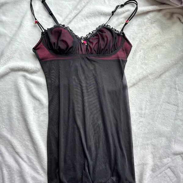 Black micro mesh & hot pink lining floral cami top / nightie slip dress lingerie - Image 4