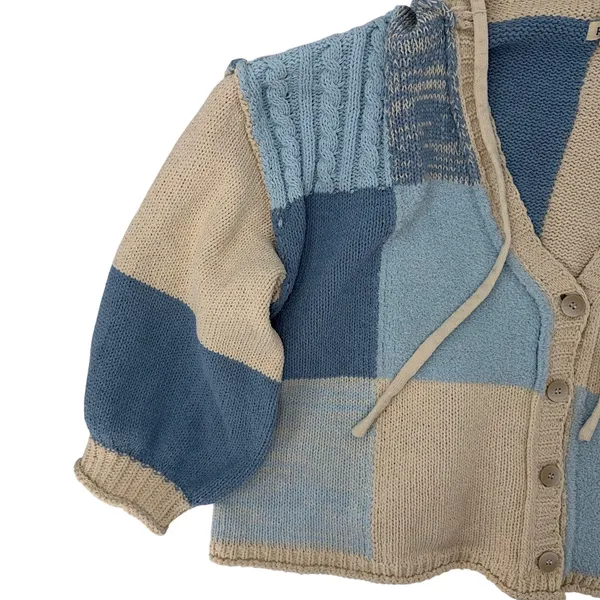 POL Blue Beige Patchwork Knit Hooded Button Cardigan Sweater Cozy Boho Size M - Image 4
