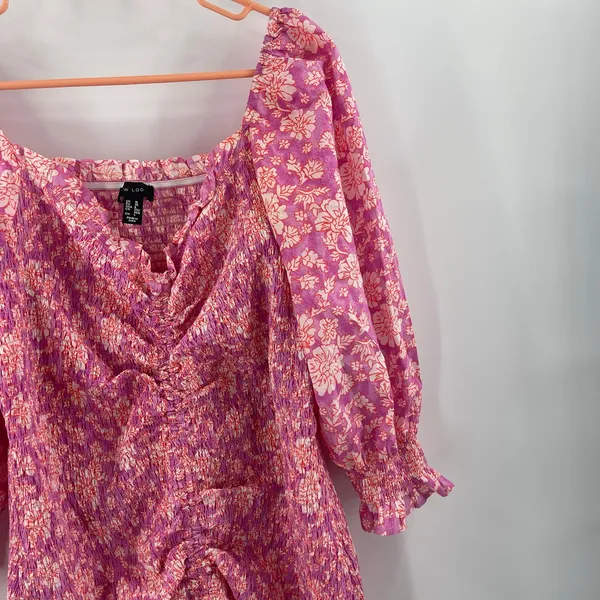 ASOS x NEW LOOK Dress Size 6 Smocked Floral Ruched Pink Orange Mini Sweetheart - Image 8