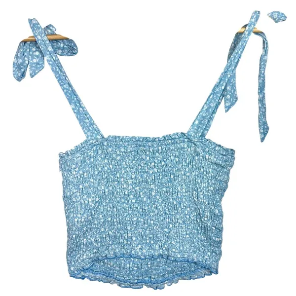 Abercrombie & Fitch Blue White Tie Strap Smocked Crop Top Tank Top Womens Size M - Image 2