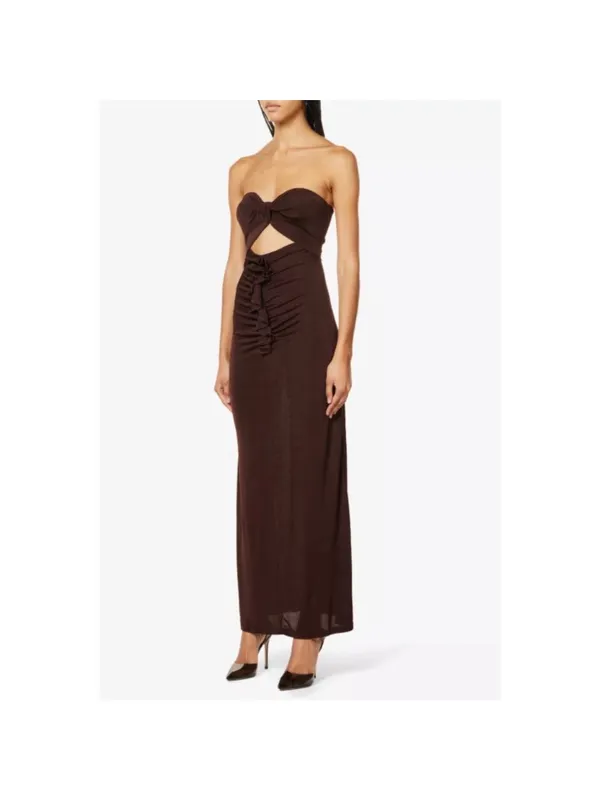 AmyLynn‎ Twist Front Rosette Maxi Dress Small Wedding Guest Romantic Chic Brown - Image 11