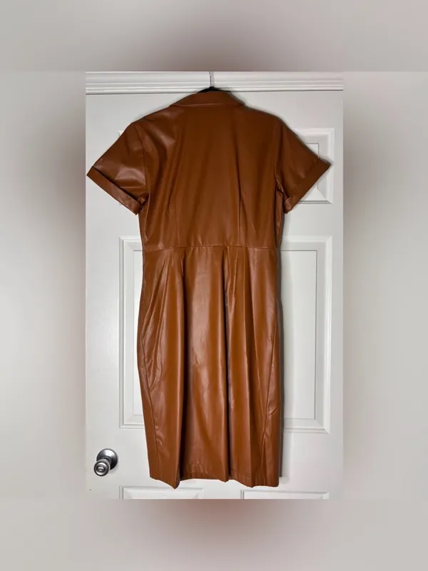 Nine West Tan Cognac Leather Wrap Midi Dress Sz L - Image 2