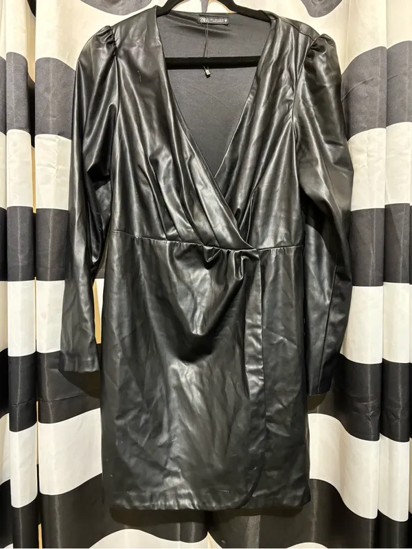 Zara Black Faux Leather Wrapped Belted Jacket - Image 4
