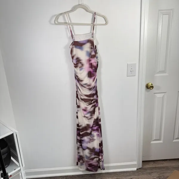 BHLDN Lea Dress Square Neck Midi Purple Abstract Ruched Wedding Guest Womens M - Image 4