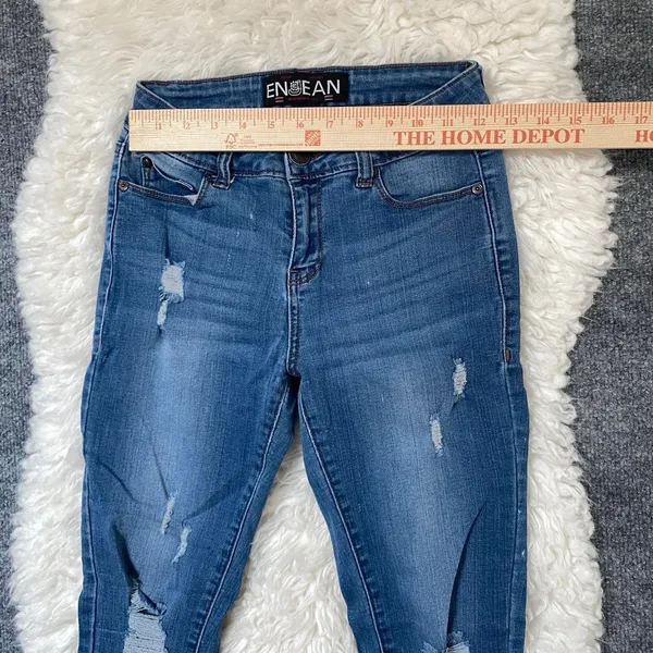 Enjean Blue Denim Skinny Jeans Distressed Raw Hem Y2k Boho Chic Grunge Alt - Image 3
