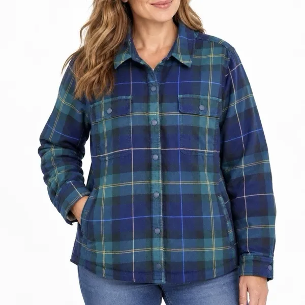 LL Bean Blue Plaid Fleece Lined Flannel Snap Shirt Jacket Shacket Women 1X - Image 2