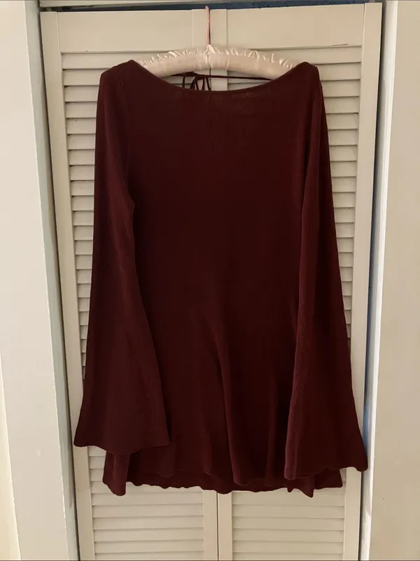 Meshki Zahra Open Back Long Flare Sleeve Burgundy Brown Mini Dress - Image 3