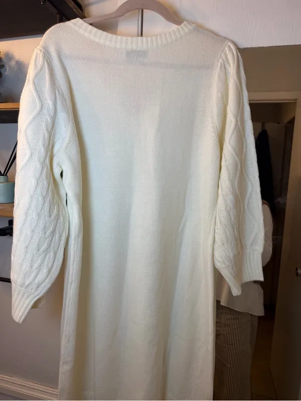 New York & Company Cream V-Neck Cable-Sleeve Sweater Dress - Image 6