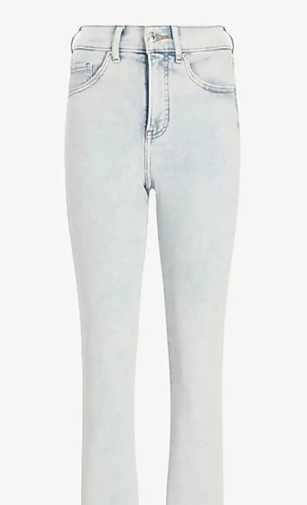 Express High Waisted Light Wash Raw Hem Cropped Flare Jeans - Image 3