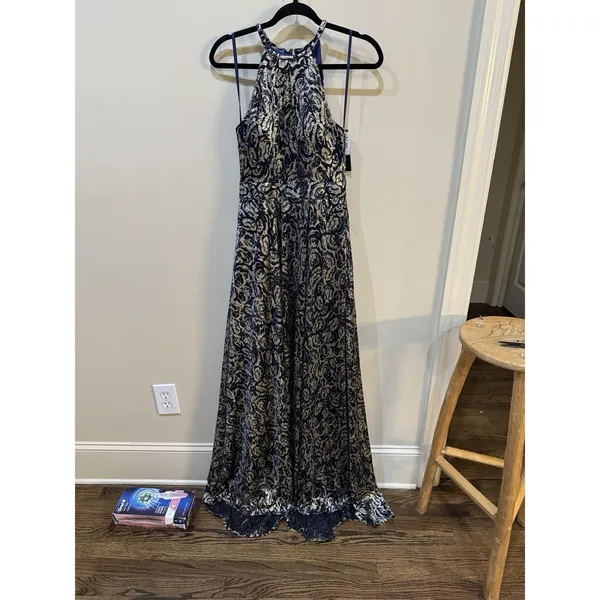 Betsy‎ And Adam Metallic Floral Jacquard Dress Size 2 Slit Halter - Image 4