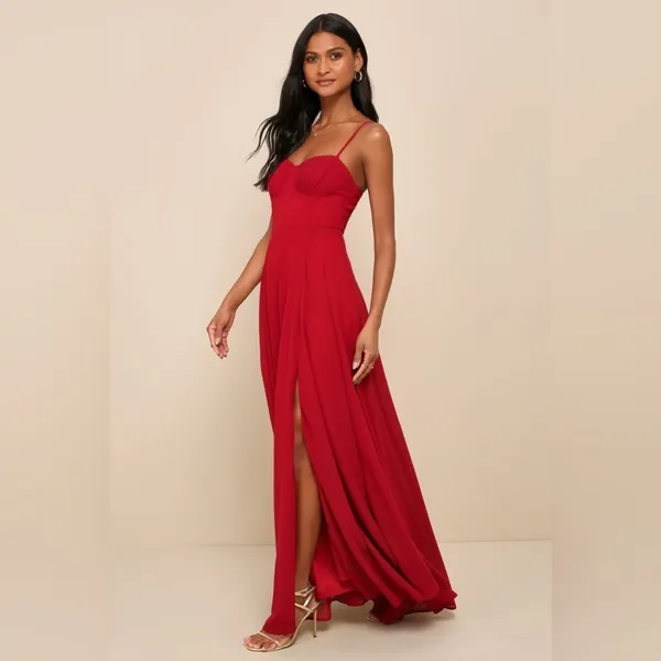 LULU’S Cause For Commotion Red Pleated Bustier Maxi Dress - Image 6