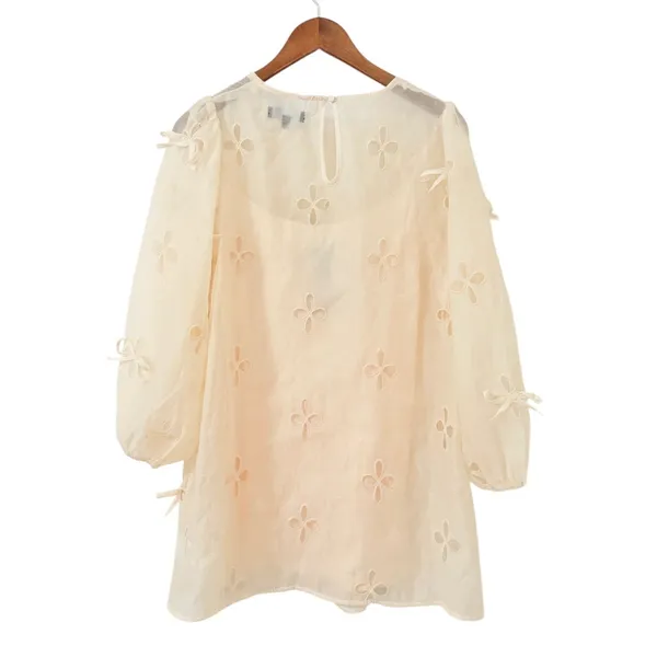 Lulus Aamira Cream Embroidered Bow Blouson Sleeve Shift Mini Dress size S NWOT - Image 5