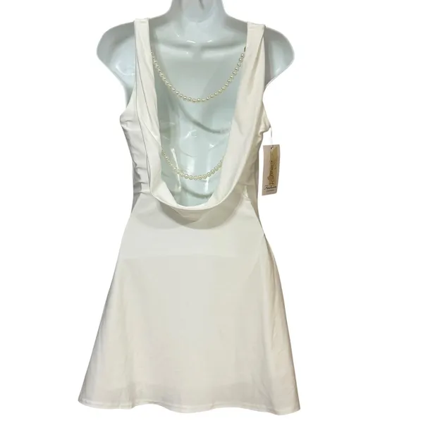 Fashion White Sleeveless Cowl Back Mini Dress with Pearl Strands H-25305 Size 6 - Image 2