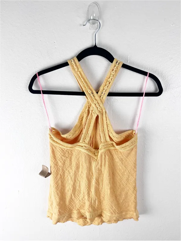 FREE PEOPLE Yellow Textured Embroidered Straps Halter Top Size Large Boho Casual - Image 2