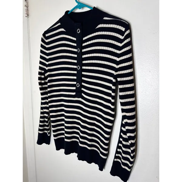 Ralph Lauren Black White Striped Button Mock Neck Ribbed Pullover Size L Cotton - Image 3