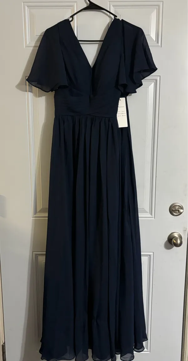 Navy blue chiffon maxi dress with flutter sleeves, v-neckline, and ruffled bodice #formal #weddingguest #paddedbra - Image 2