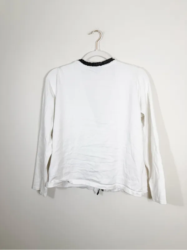 Adrianna Papell White Black Fringe Trim Cardigan Size Small Quiet Luxury - Image 3