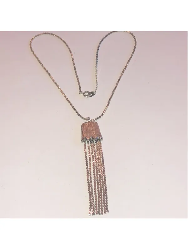 Vintage Silver Tone Fringe Tassel Pendant Dainty Boho Retro Necklace - Image 2