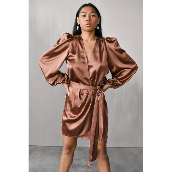 DRESS‎ FORUM Satin Bronze Brown Ruched Sleeve Wrap Mini Dress Sz S - Image 10