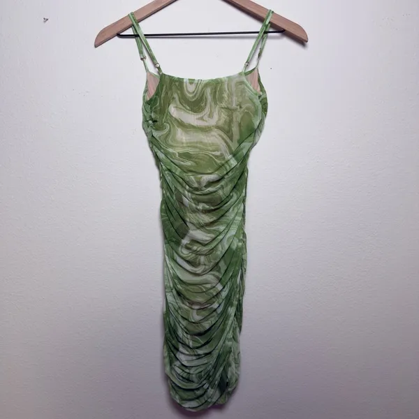 Naked Wardrobe Ruched Mesh Bodycon Mini Dress‎ Green Swirl Print Size S - Image 5