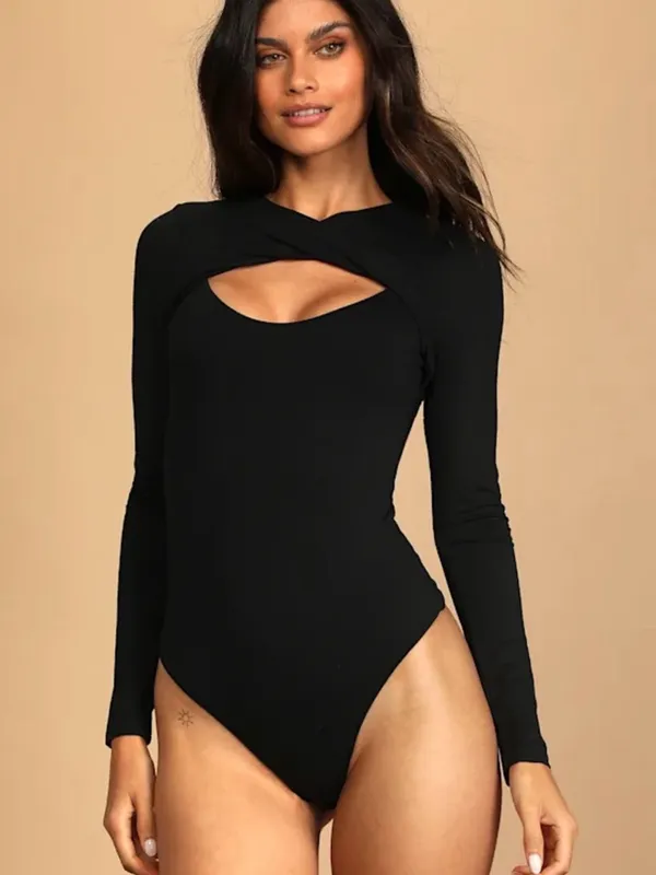 Lulu’S Trendy Twist Black Twist-Front Long Sleeve Bodysuit - Image 2